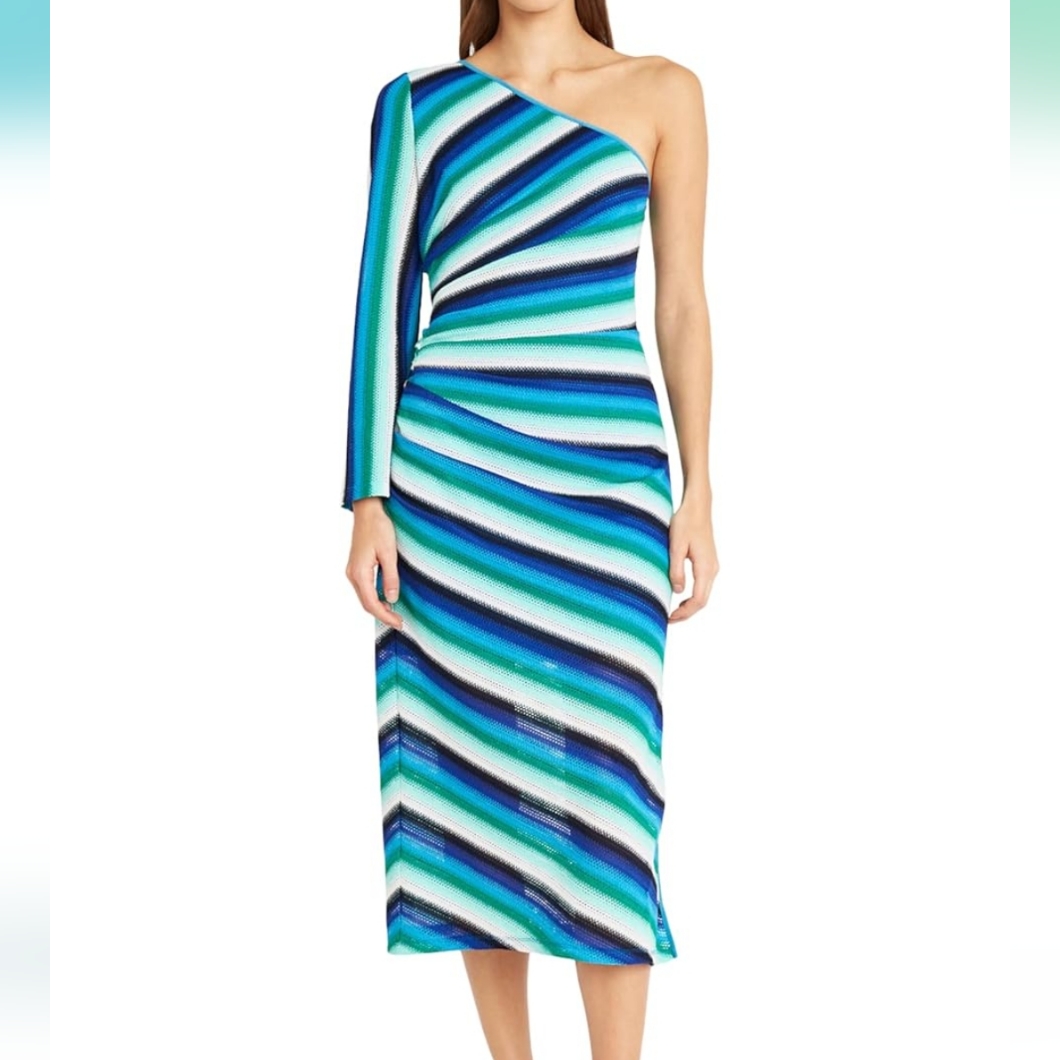 One-Shoulder Ruched Striped Dress In Blue And Green